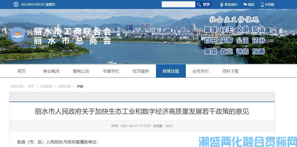 丽水市两化融合贯标奖励政策：关于加快生态工业和数字经济高质量发展若干政策的意见